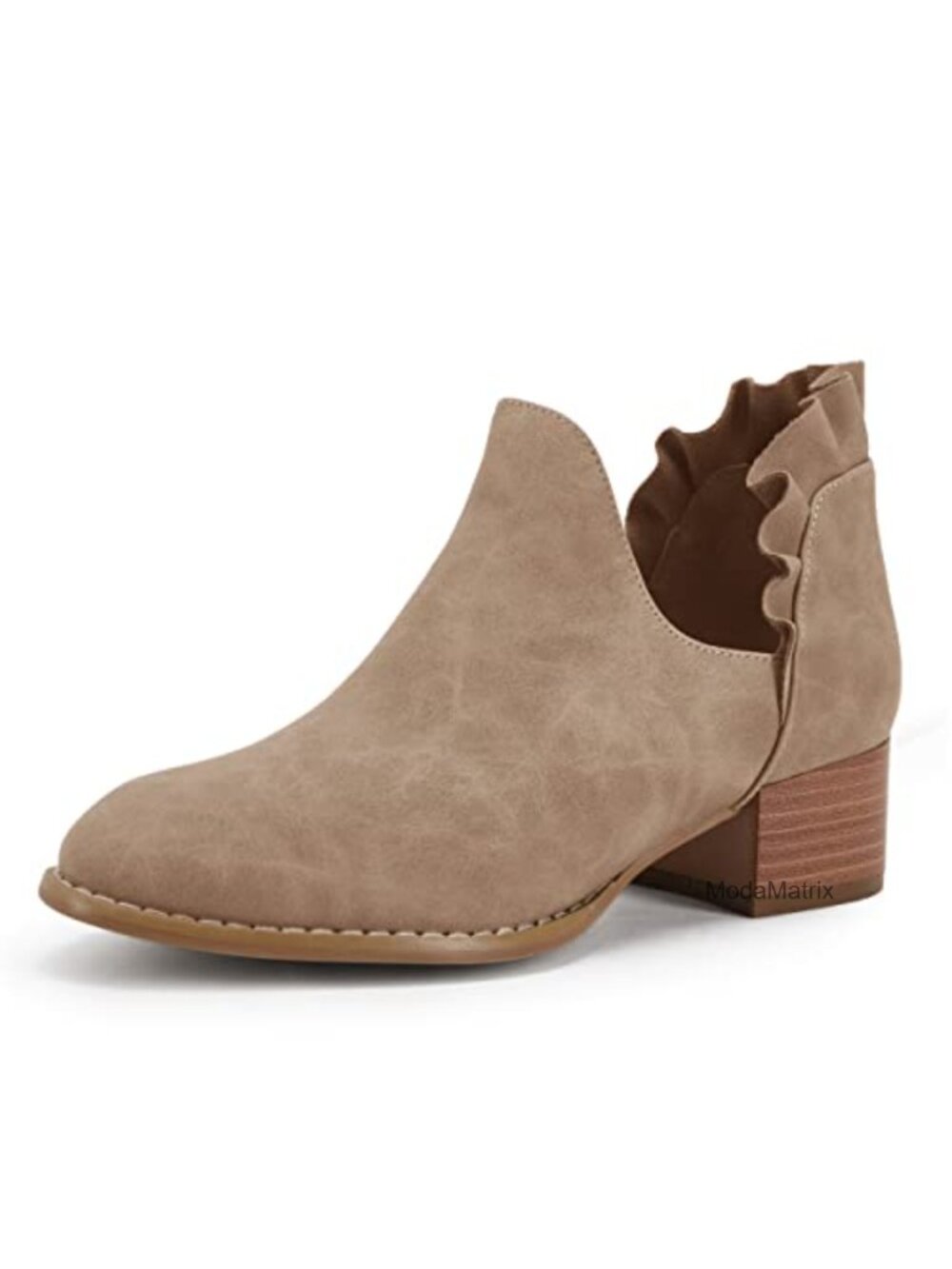 Ruffled Ankle Boots V Cut Out Pointed Toe Chunky Low Heel Western Booties